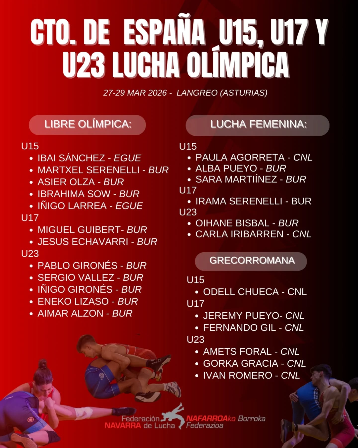 Campeonatos de Espa&ntilde;a U15, U17 y U23 de Lucha Ol&iacute;mpica